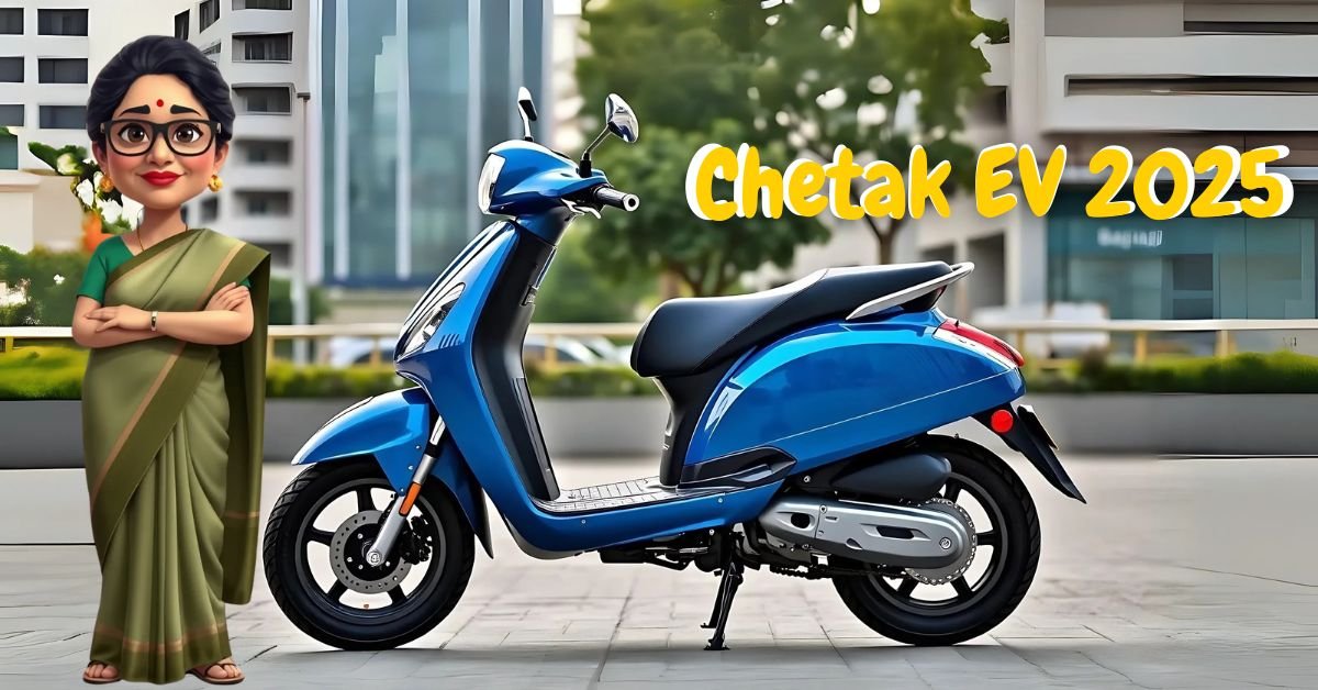 Bajaj Chetak EV 2025 in vibrant blue, featuring smooth curves, premium LED lighting, and classic scooter